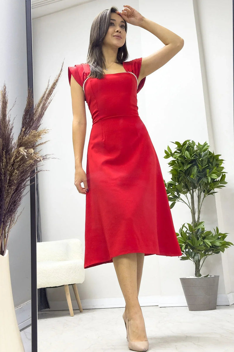 Women's Red Flared İnci Detail Dress