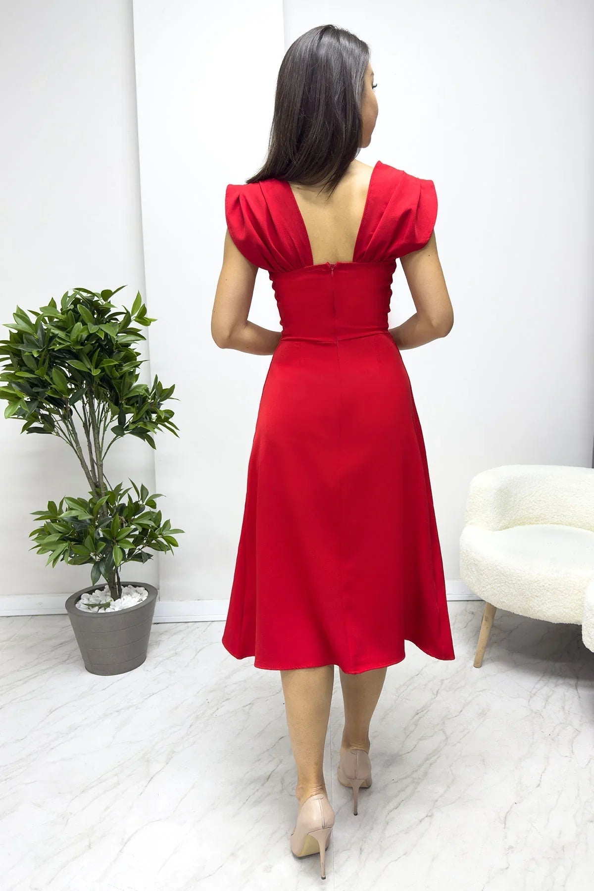 Women's Red Flared İnci Detail Dress