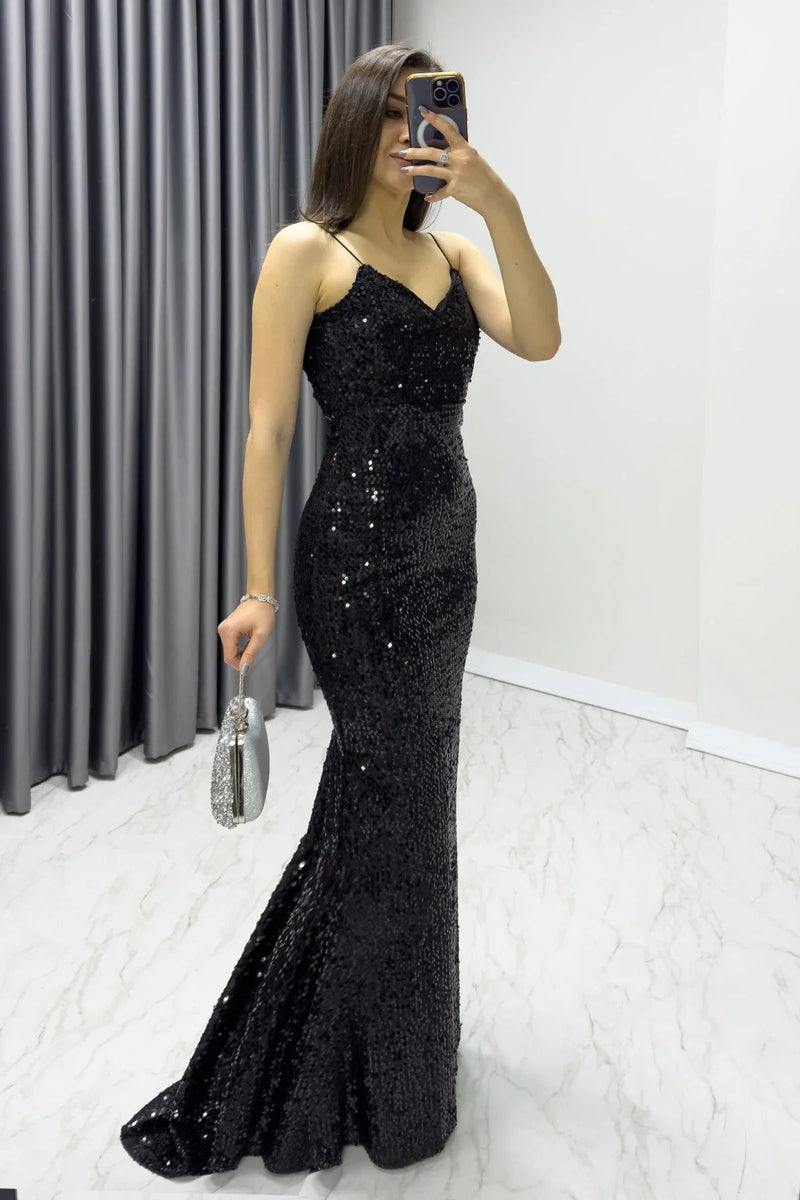Women's Black Spaghetti Strap Sırt Dekolte İp Tie Sequin Tasarım Train Evening Gown