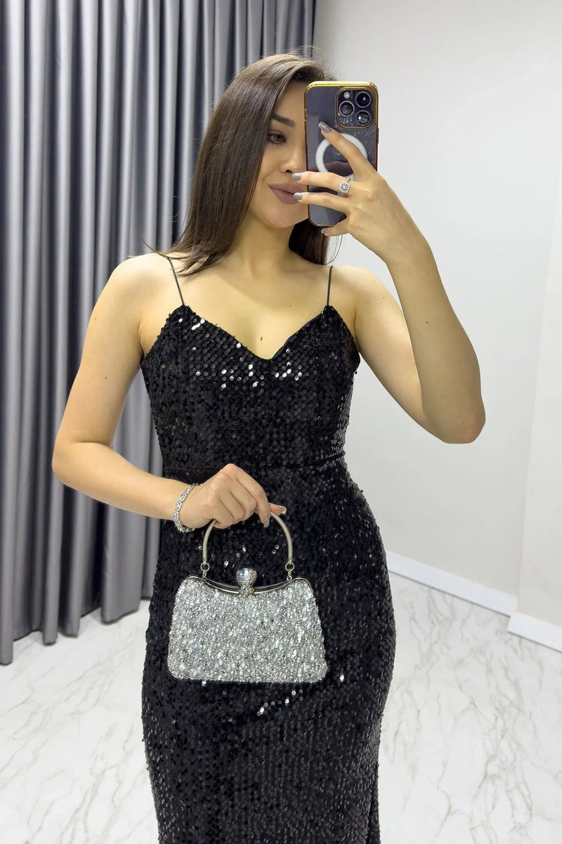 Women's Black Spaghetti Strap Sırt Dekolte İp Tie Sequin Tasarım Train Evening Gown