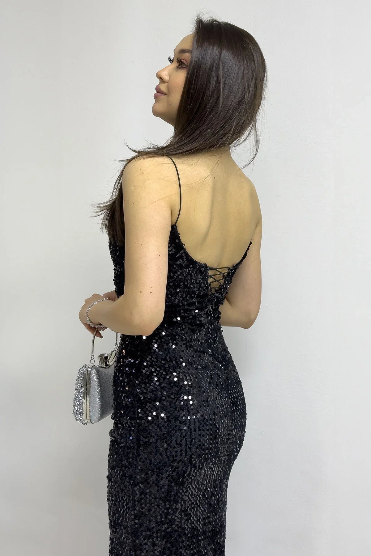 Women's Black Spaghetti Strap Sırt Dekolte İp Tie Sequin Tasarım Train Evening Gown