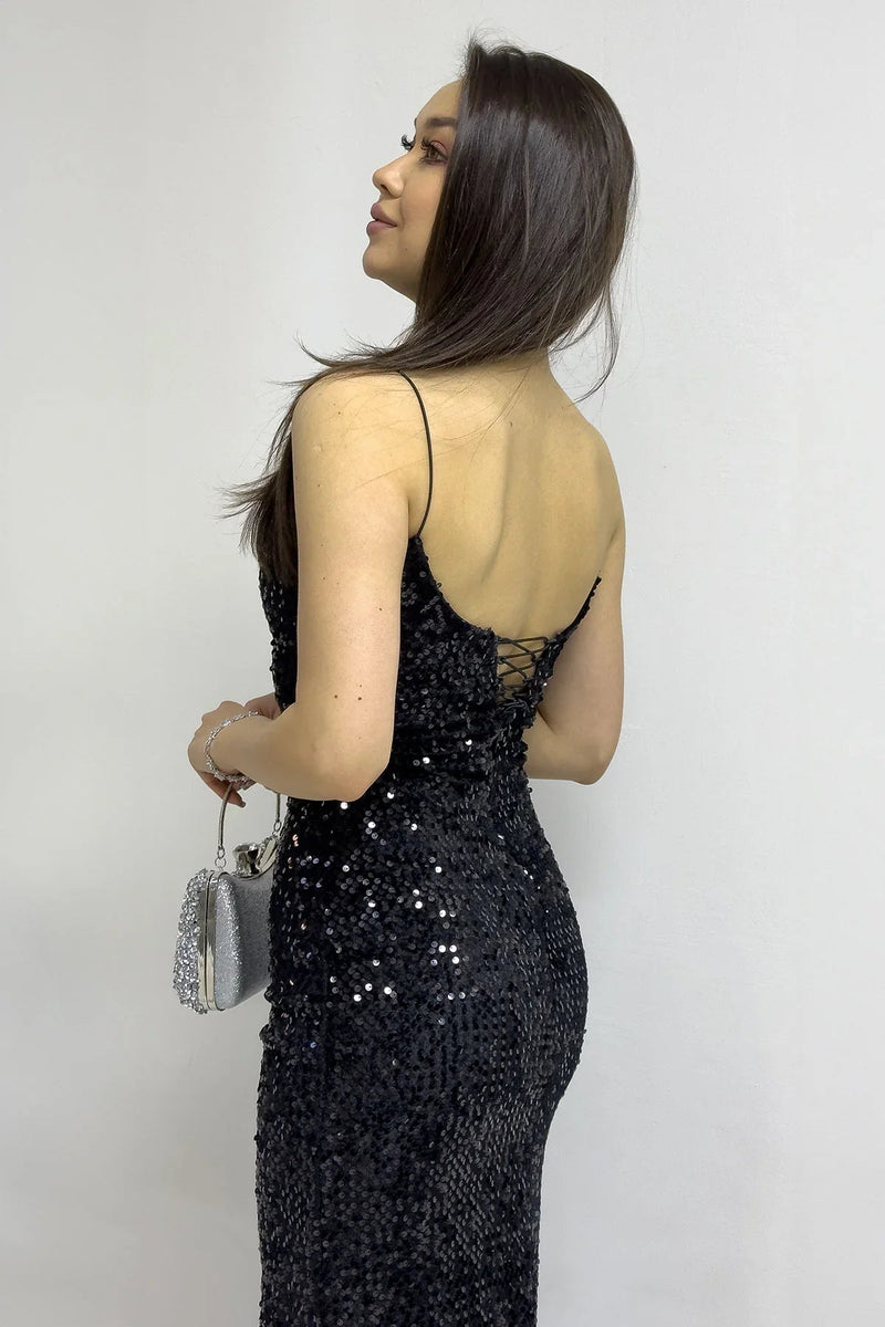 Women's Black Spaghetti Strap Sırt Dekolte İp Tie Sequin Tasarım Train Evening Gown