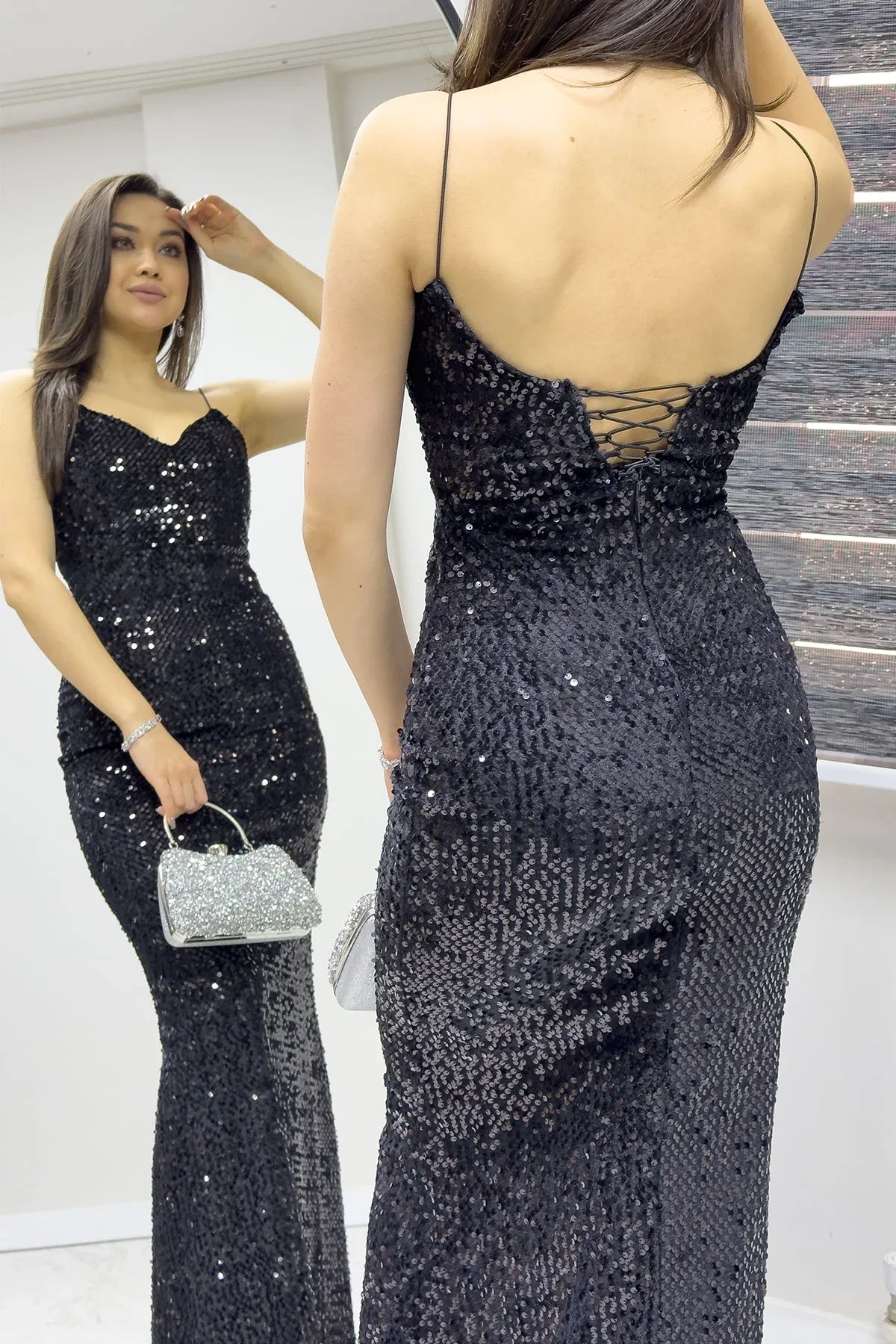Women's Black Spaghetti Strap Sırt Dekolte İp Tie Sequin Tasarım Train Evening Gown