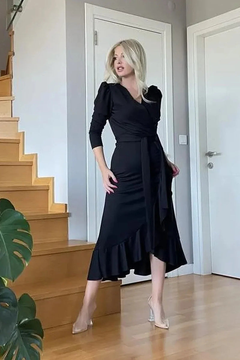 Women's Black Karpuz Sleeve Wrap Crepe Belted Plus Size Ruffled Dress