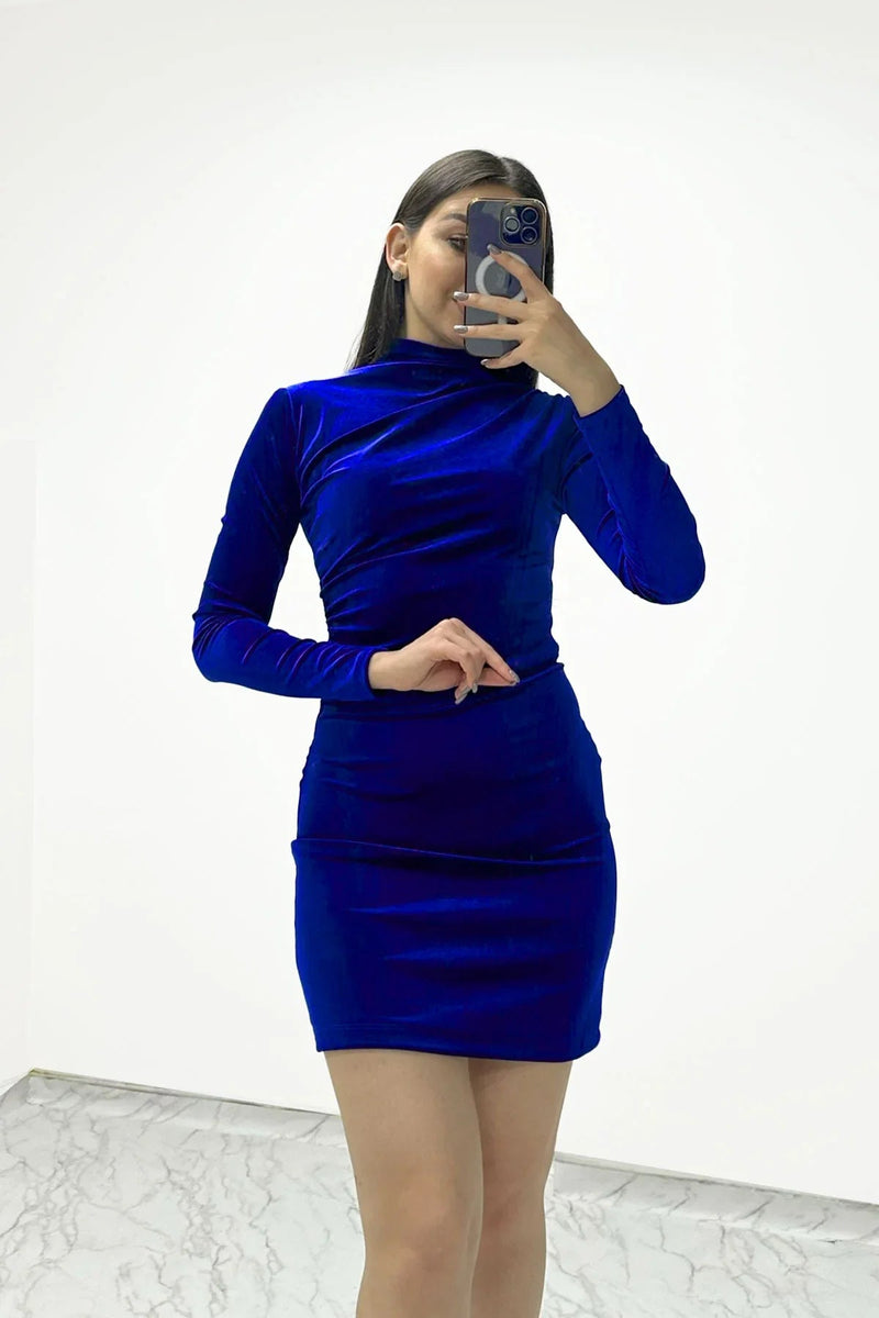 Women's Saxe Mermaidçı Neck Long Sleevelu Velvet Dress