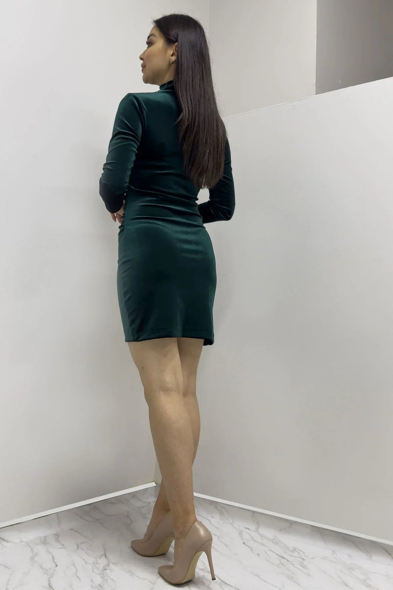 Women's Emerald Green Mermaidçı Neck Long Sleevelu Velvet Dress