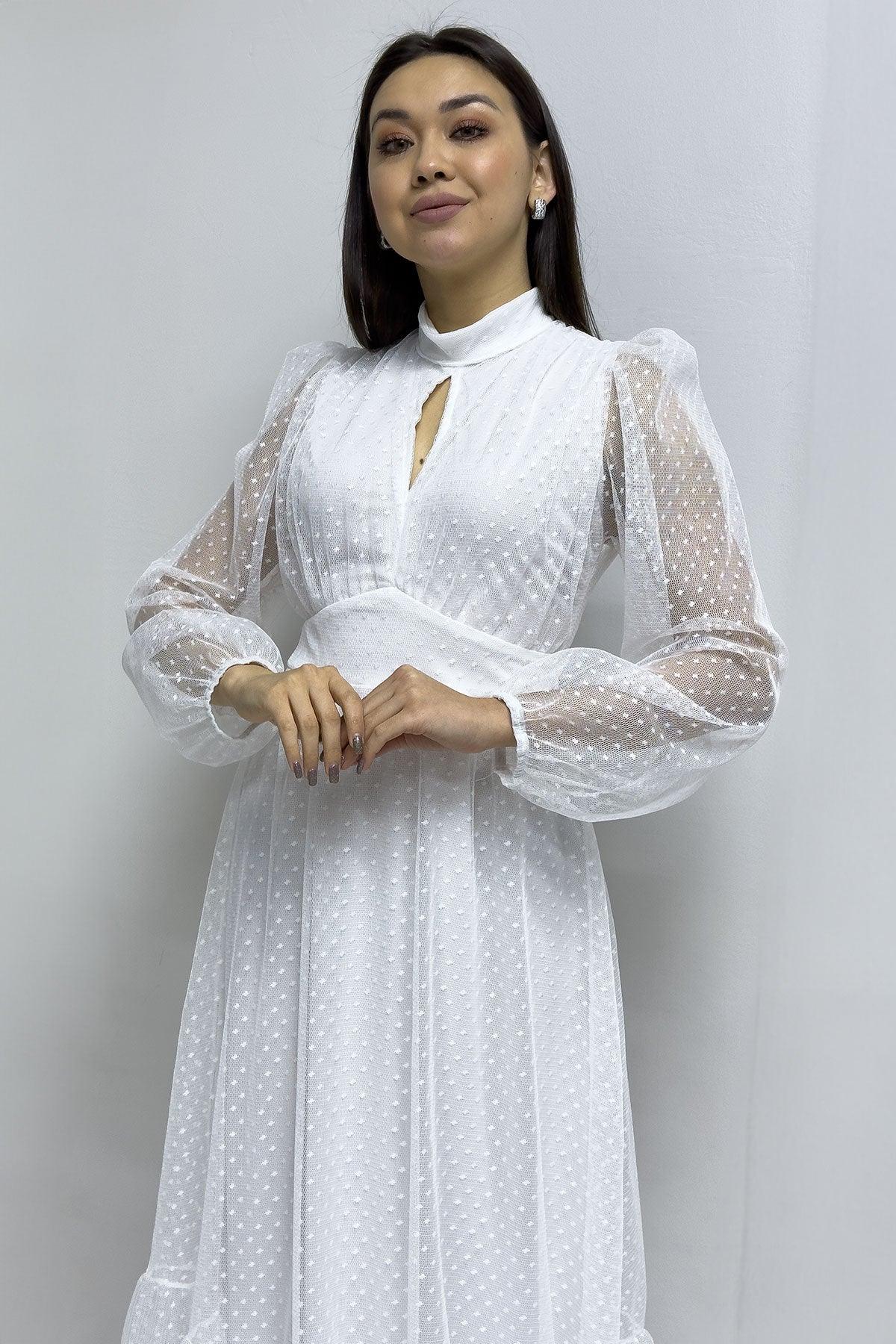 Women's White Puantiyeli Plus Size Dress