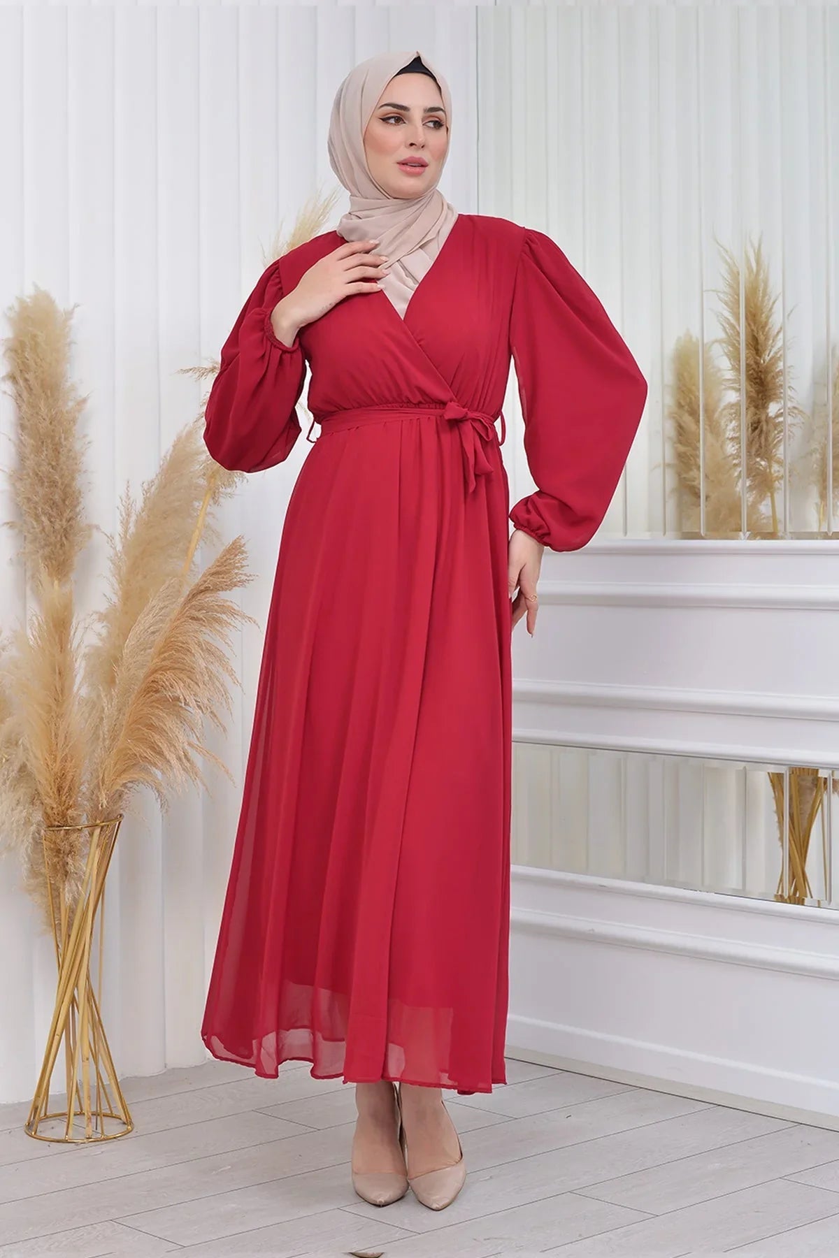 Women's Burgundy Tesettür Lined Plus Size Chiffon Dress