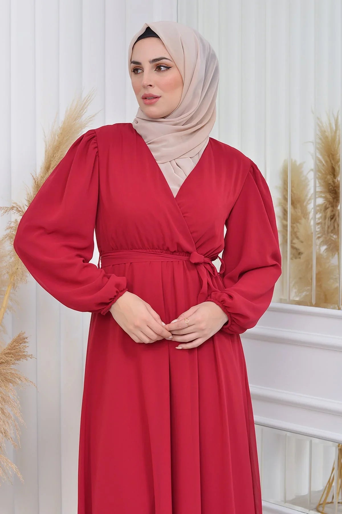 Women's Burgundy Tesettür Lined Plus Size Chiffon Dress