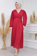 Burgundy Cross-Over Neck Midi Length Chiffon Dress