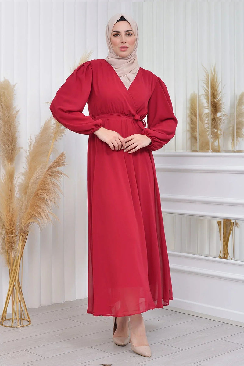 Women's Burgundy Tesettür Lined Plus Size Chiffon Dress