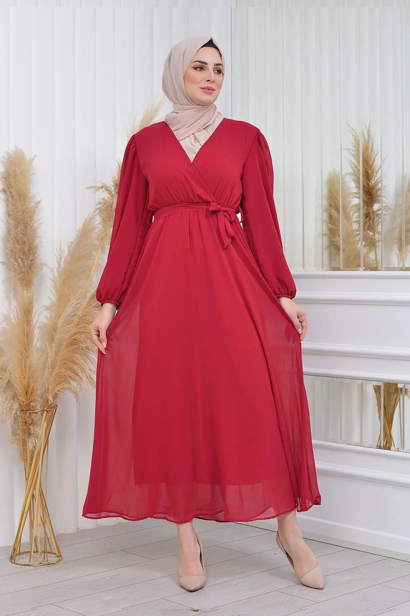 Women's Burgundy Tesettür Lined Plus Size Chiffon Dress