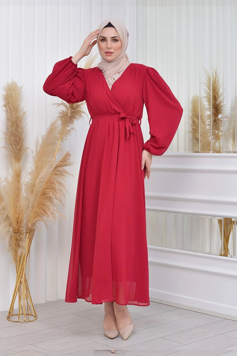 Women's Burgundy Tesettür Lined Plus Size Chiffon Dress