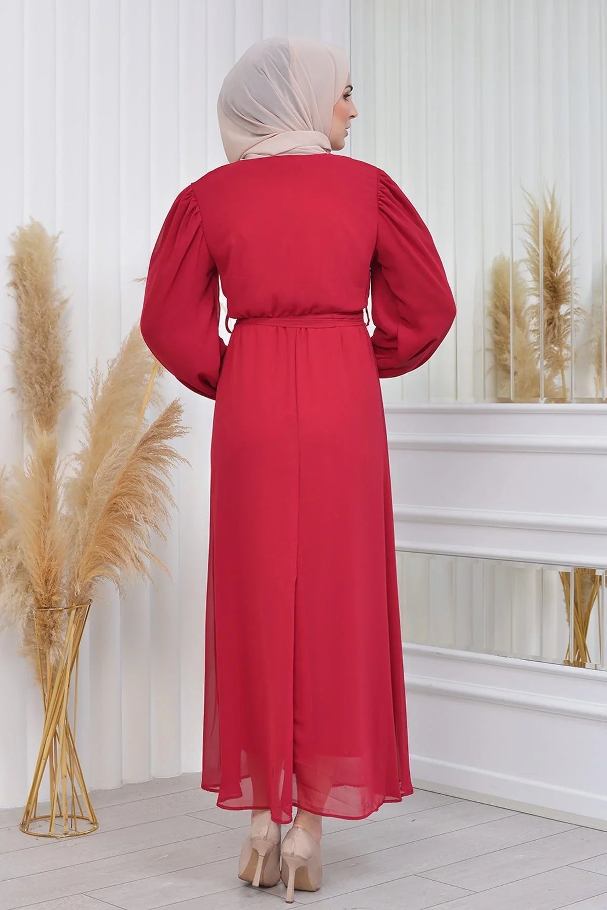 Women's Burgundy Tesettür Lined Plus Size Chiffon Dress