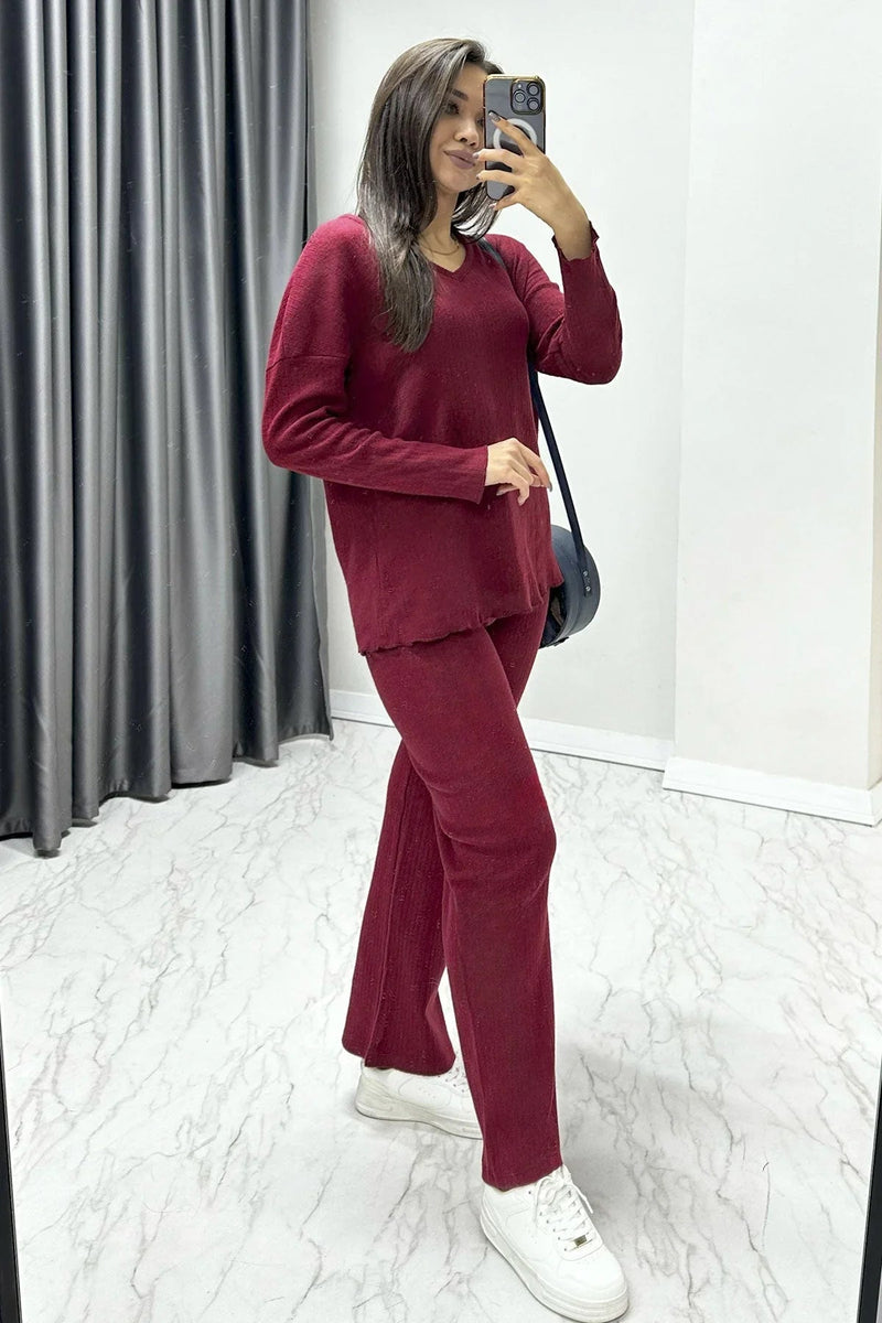 Women's Burgundy V-Neck Co-ord Set