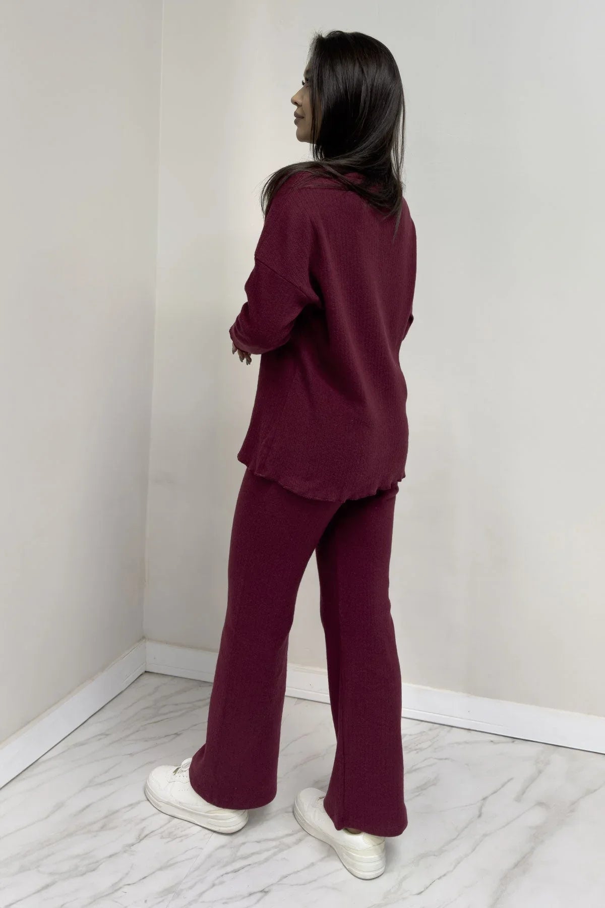 Women's Burgundy V-Neck Co-ord Set