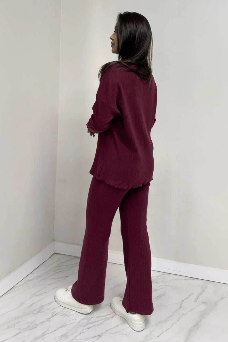 Women's Burgundy V-Neck Co-ord Set