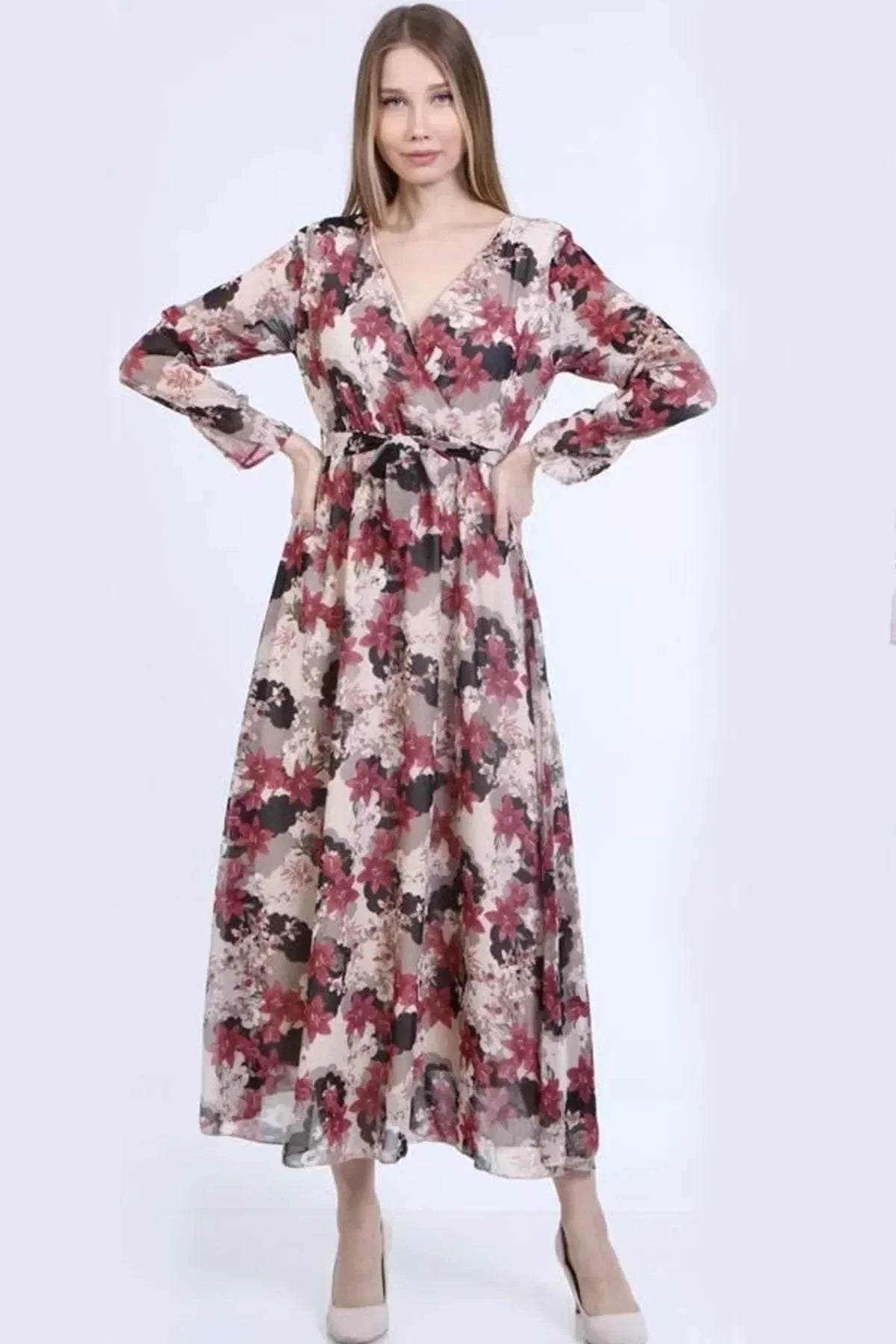 Women's Floral Wrap Neck Chiffon Dress