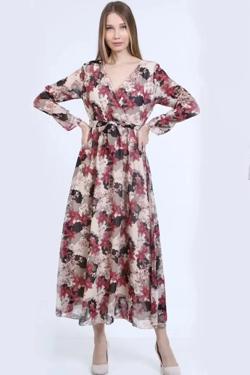 Women's Floral Wrap Neck Chiffon Dress