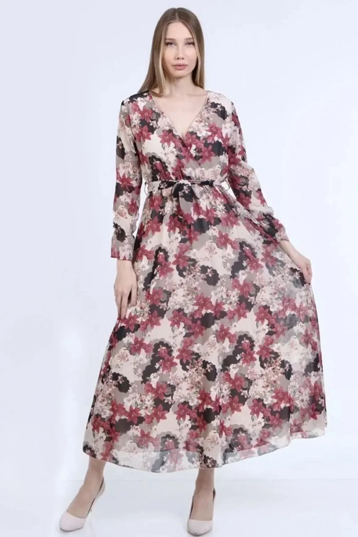 Women's Floral Wrap Neck Chiffon Dress