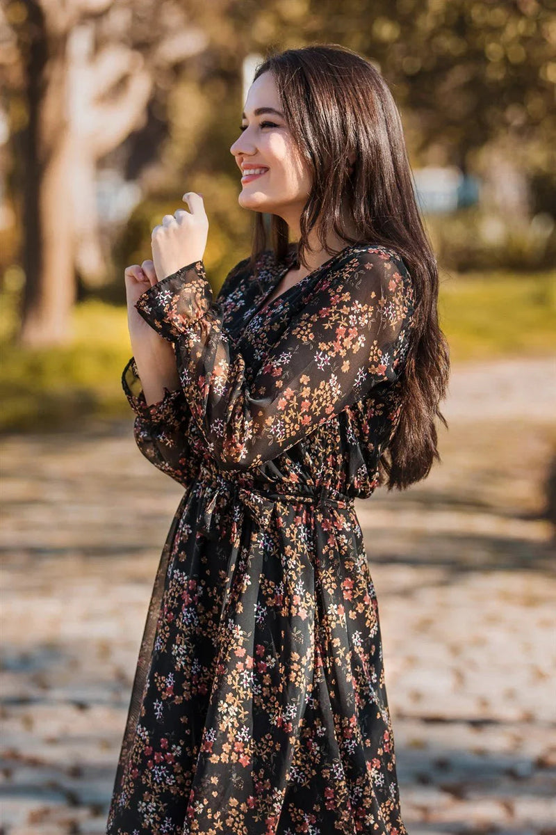 Women's Patterned Wrap Neck Chiffon Dress