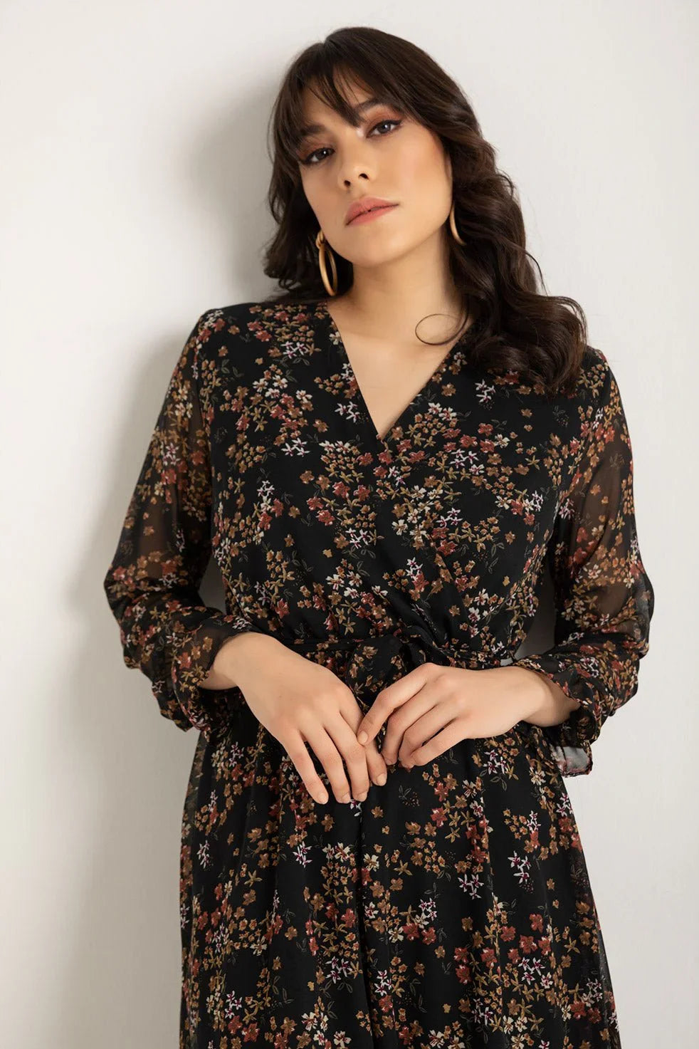 Women's Patterned Wrap Neck Chiffon Dress