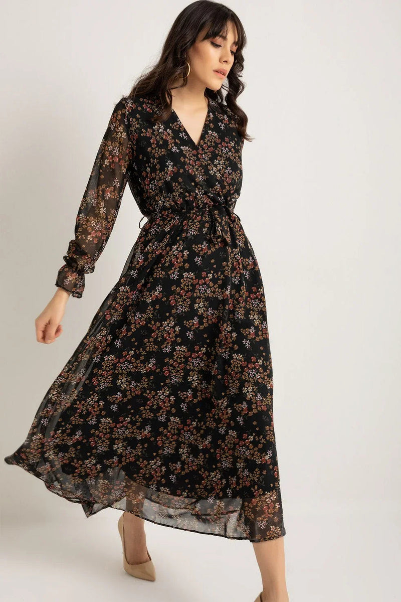 Women's Patterned Wrap Neck Chiffon Dress