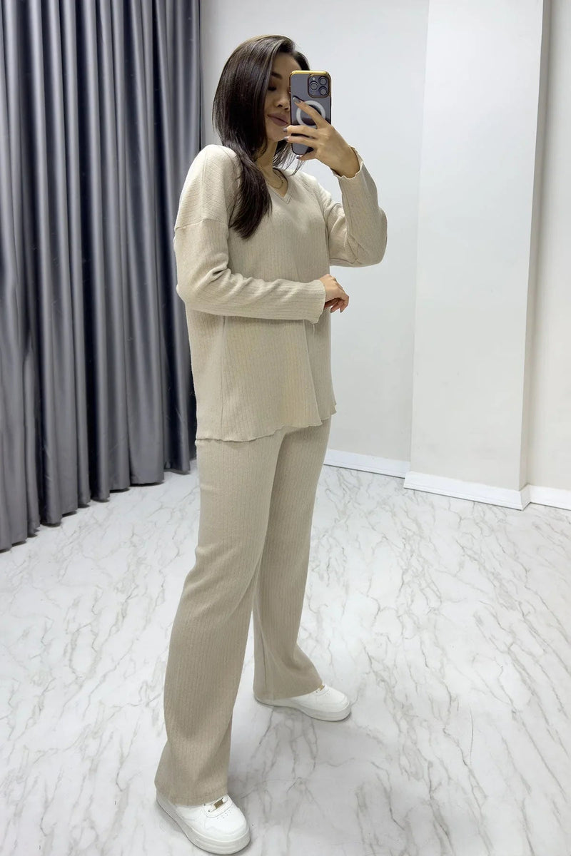 Women's Ecru V-Neck Co-ord Set