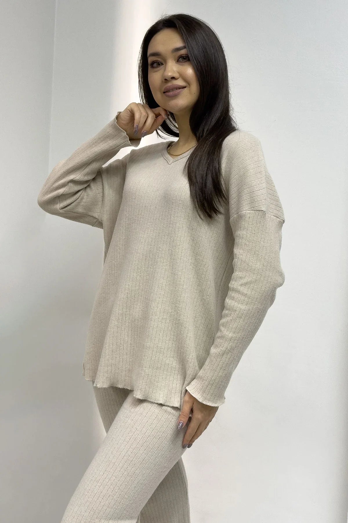 Women's Ecru V-Neck Co-ord Set