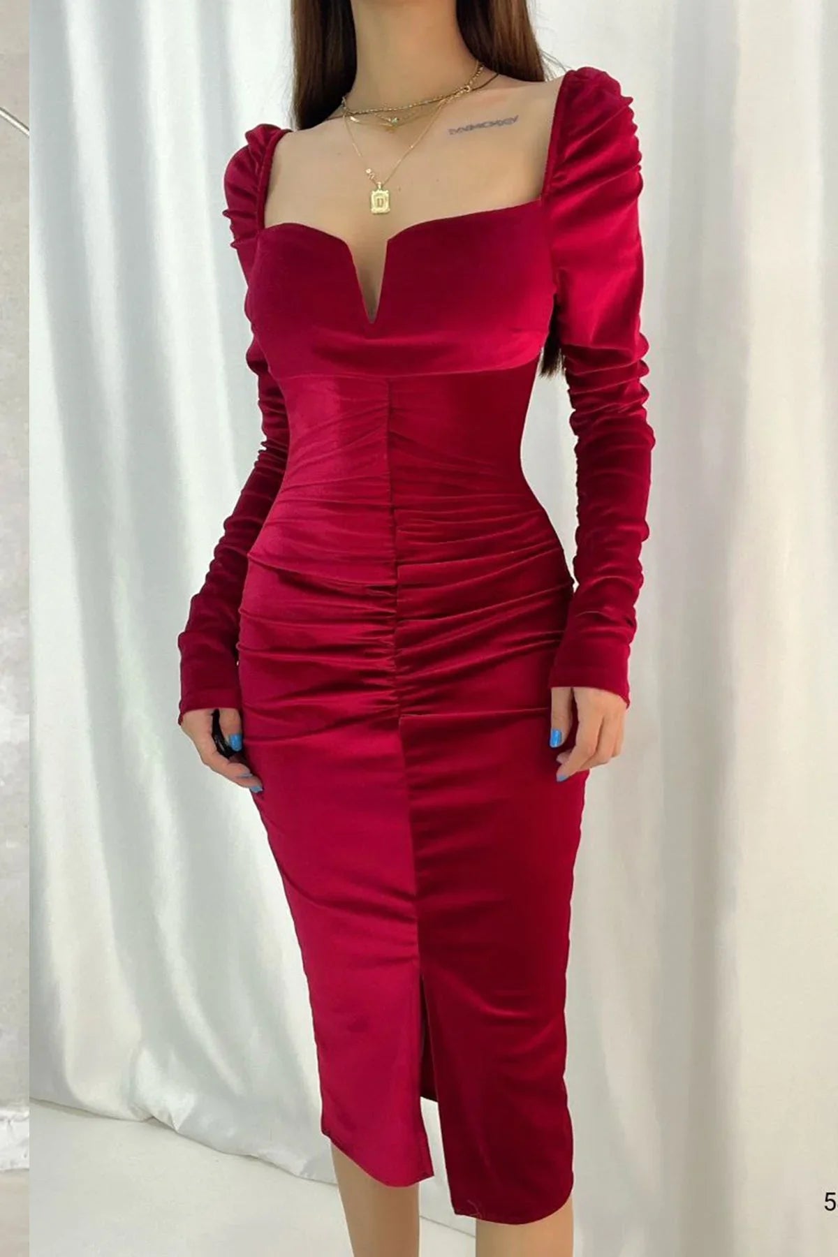 Women's Red Sweetheart Neck Draped Velvet Yeni Sezon Evening Gown
