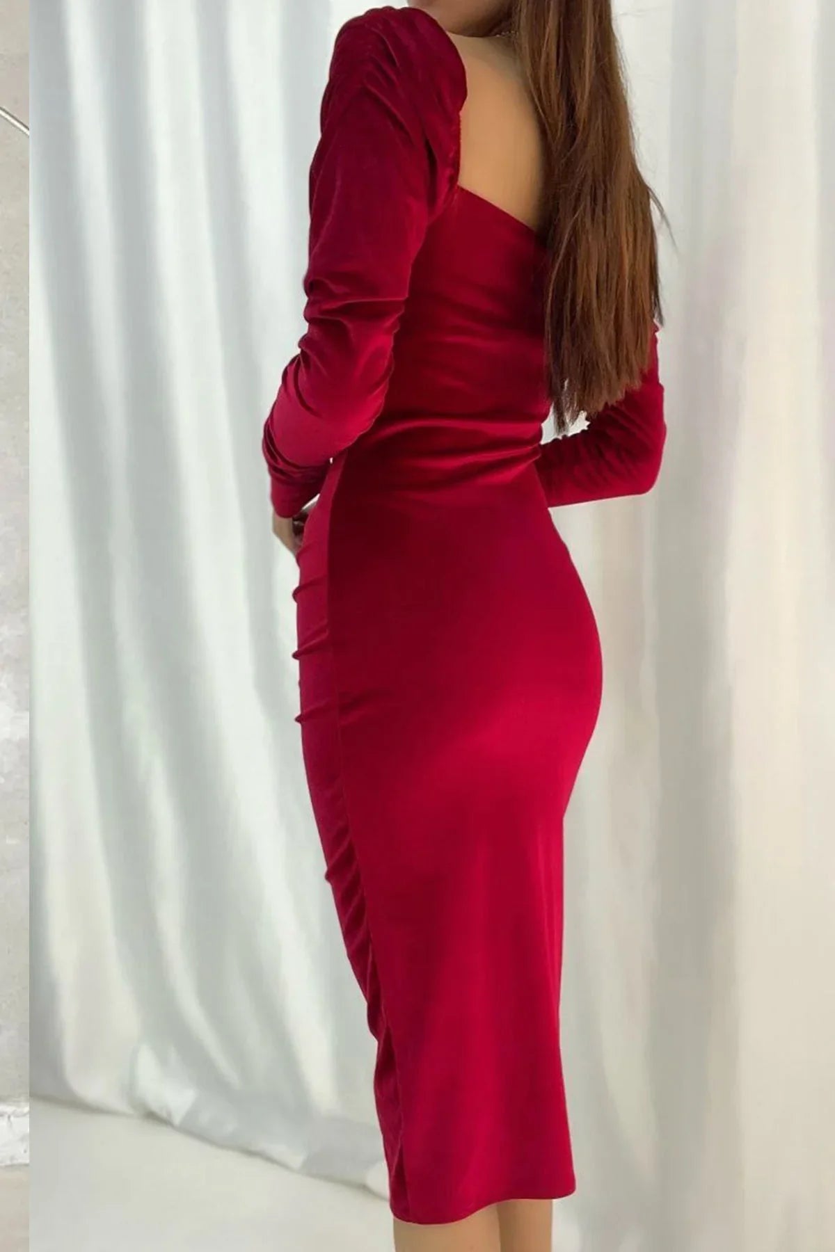 Women's Red Sweetheart Neck Draped Velvet Yeni Sezon Evening Gown