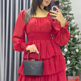 Red Long Sleevelu Gipeli Ruffle Skirt Chiffon Dress