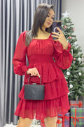 Red Long Sleevelu Gipeli Ruffle Skirt Chiffon Dress