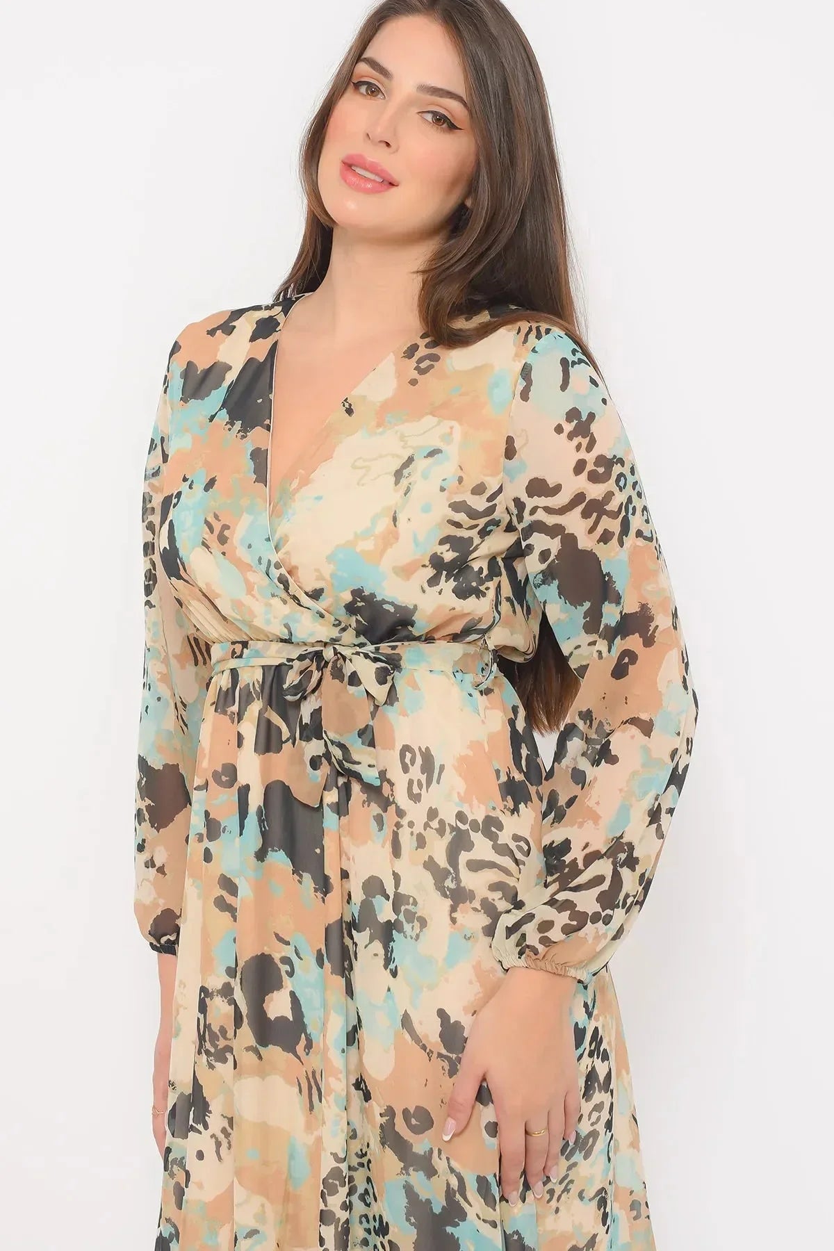 Women's Krem Batik Wrap Neck Chiffon Dress