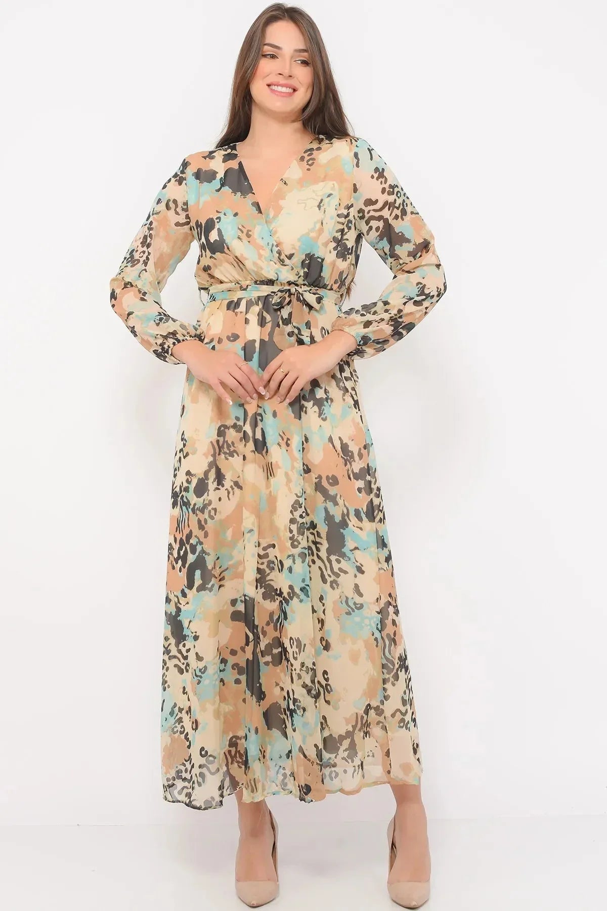 Women's Krem Batik Wrap Neck Chiffon Dress