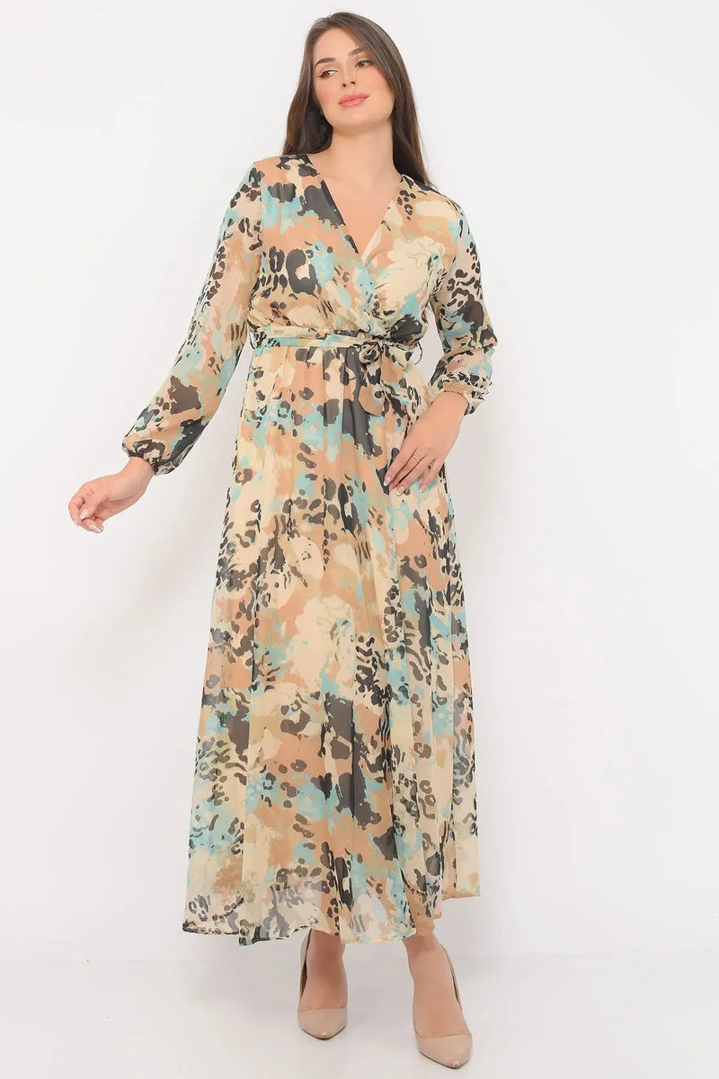 Women's Krem Batik Wrap Neck Chiffon Dress