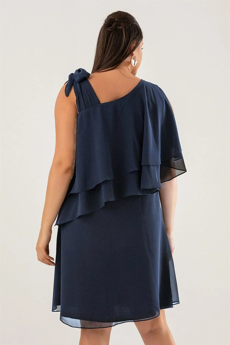 Women's Navy Blue Tek Omuz Tie Chiffon Plus Size Dress