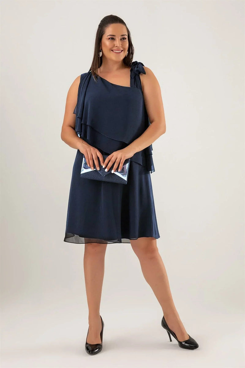 Women's Navy Blue Tek Omuz Tie Chiffon Plus Size Dress