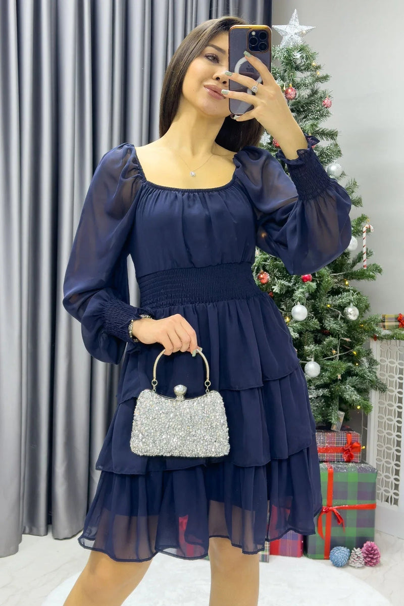 Women's Navy Blue Long Sleevelu Gipeli Ruffle Skirt Chiffon Dress - the ZKS