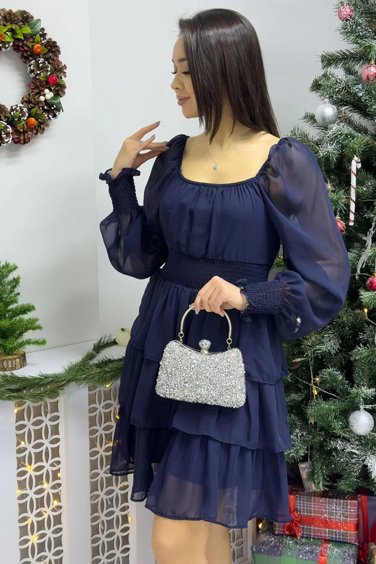 Women's Navy Blue Long Sleevelu Gipeli Ruffle Skirt Chiffon Dress - the ZKS