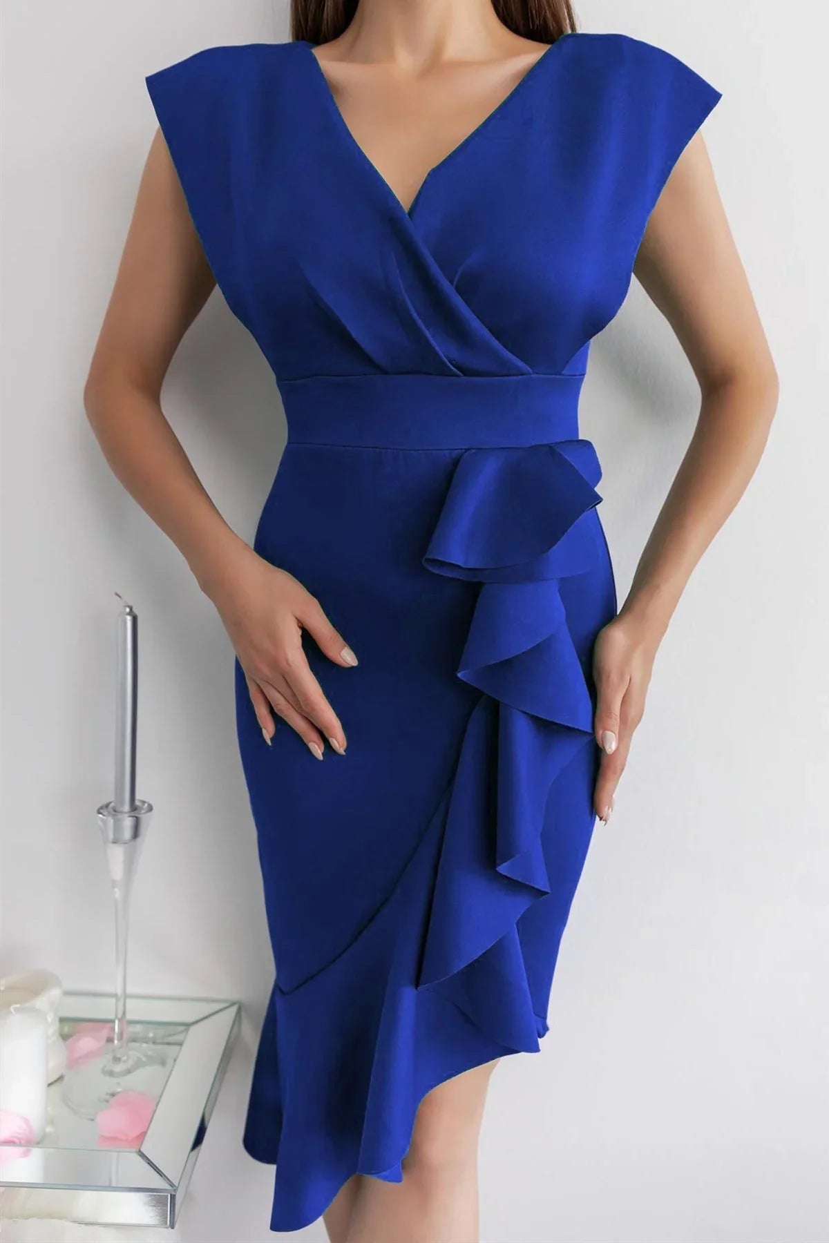 Women's Midi Sleeveless Ruffle Skirt Tasarım Plus Size Dress-Saxe