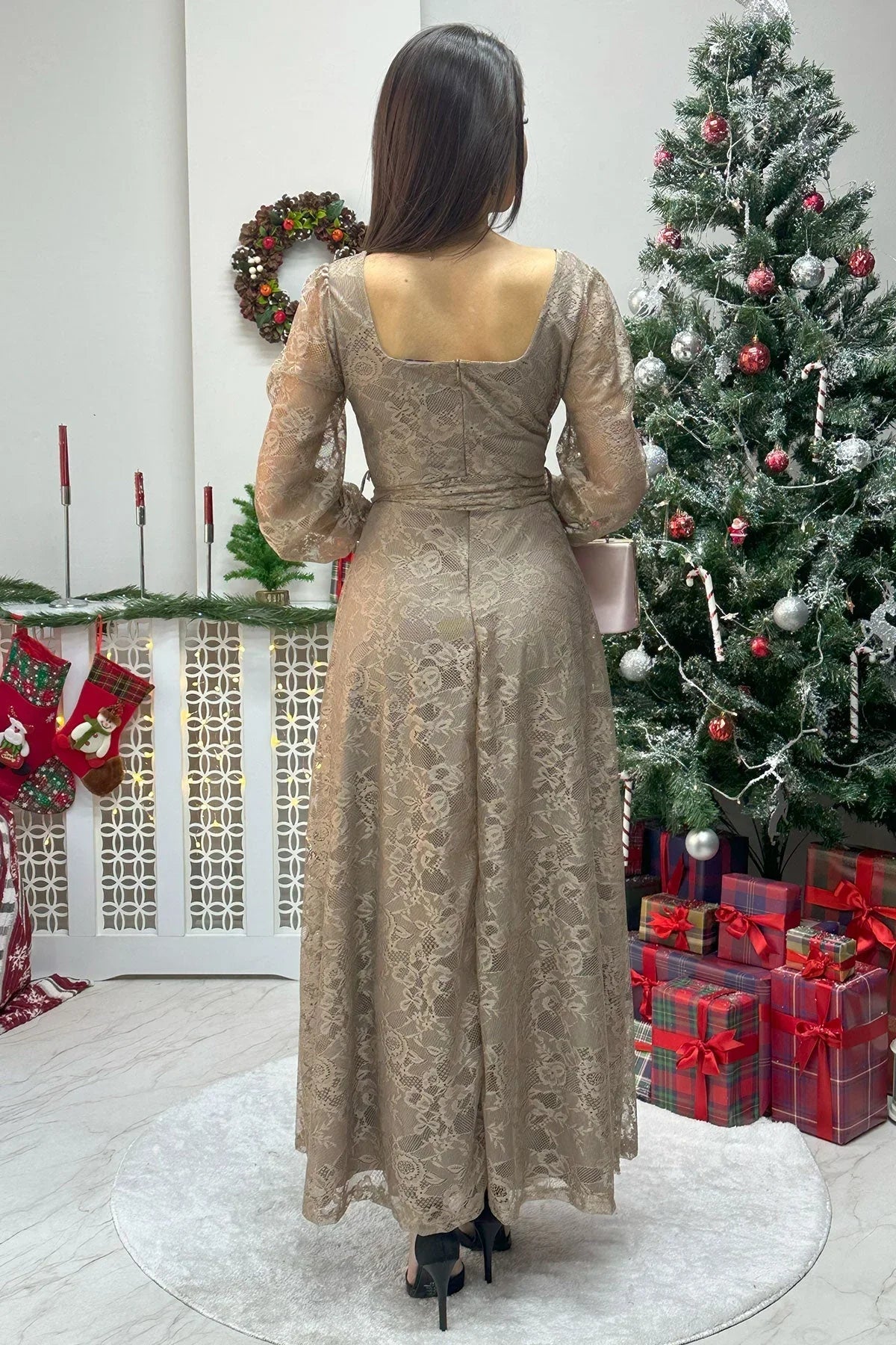 Women's Mocha Mousse Beige Midi Lace Dress - the ZKS