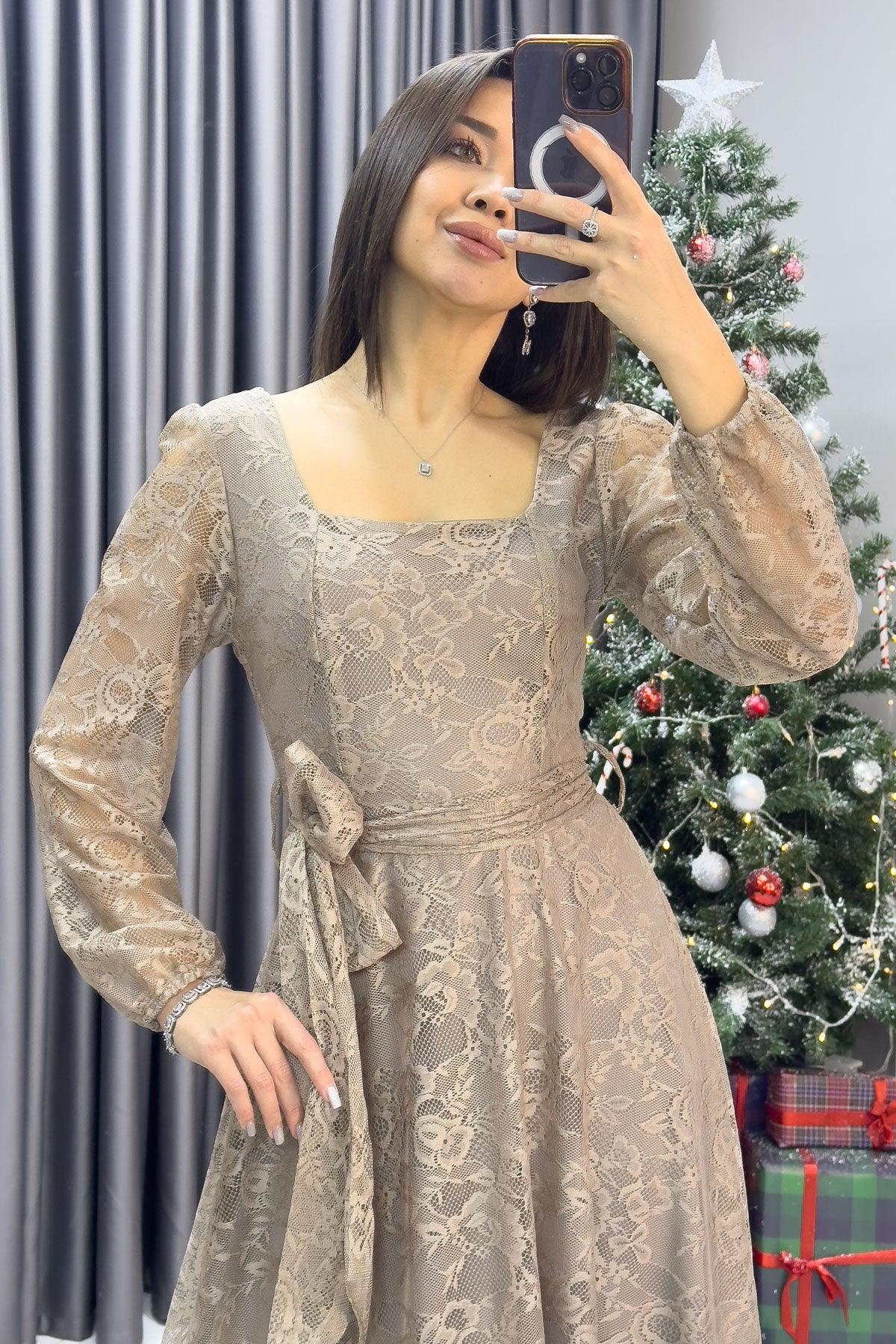 Women's Mocha Mousse Beige Midi Lace Dress - the ZKS