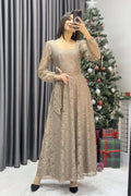 Mocha Mousse Beige Midi Lace Dress