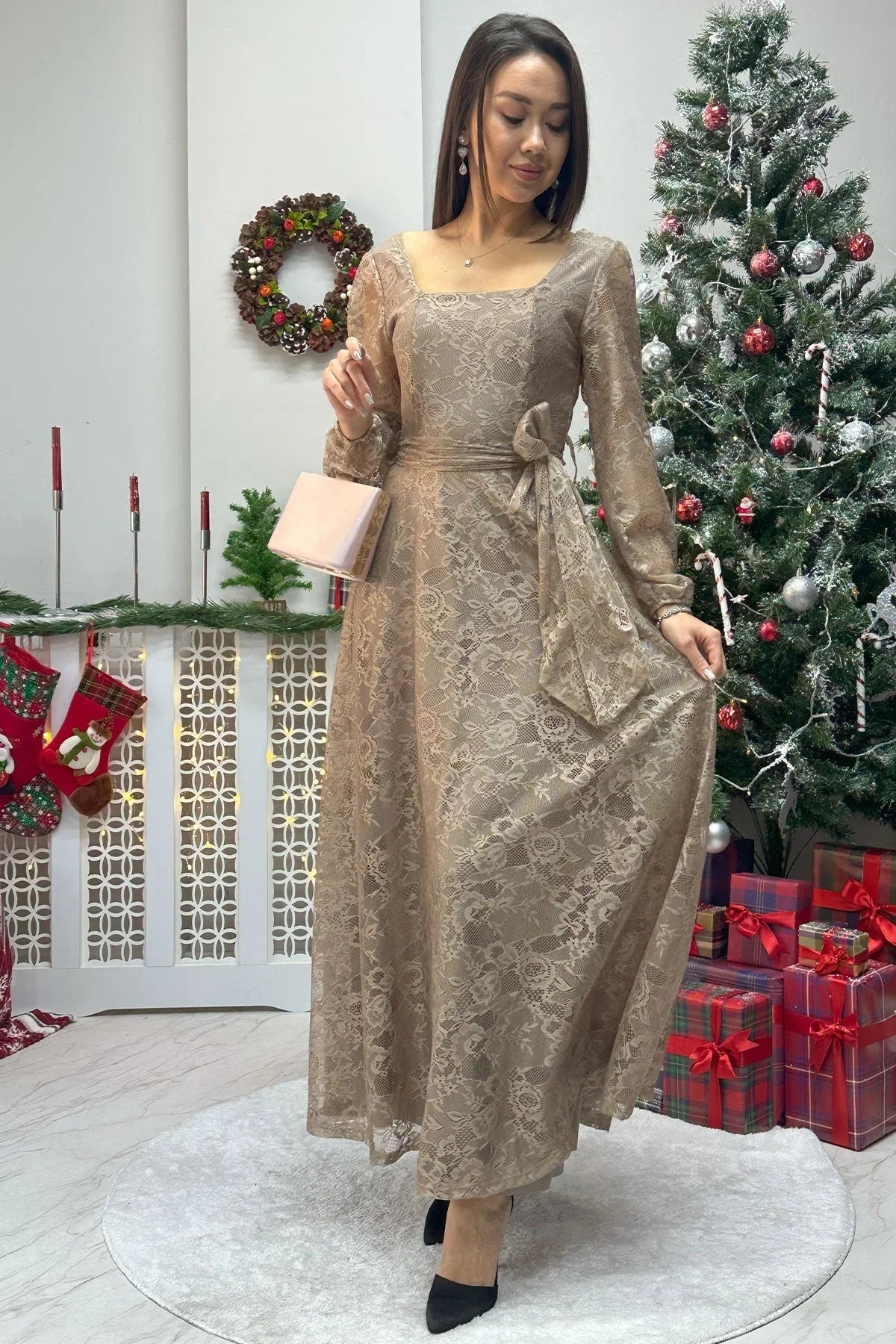 Women's Mocha Mousse Beige Midi Lace Dress - the ZKS