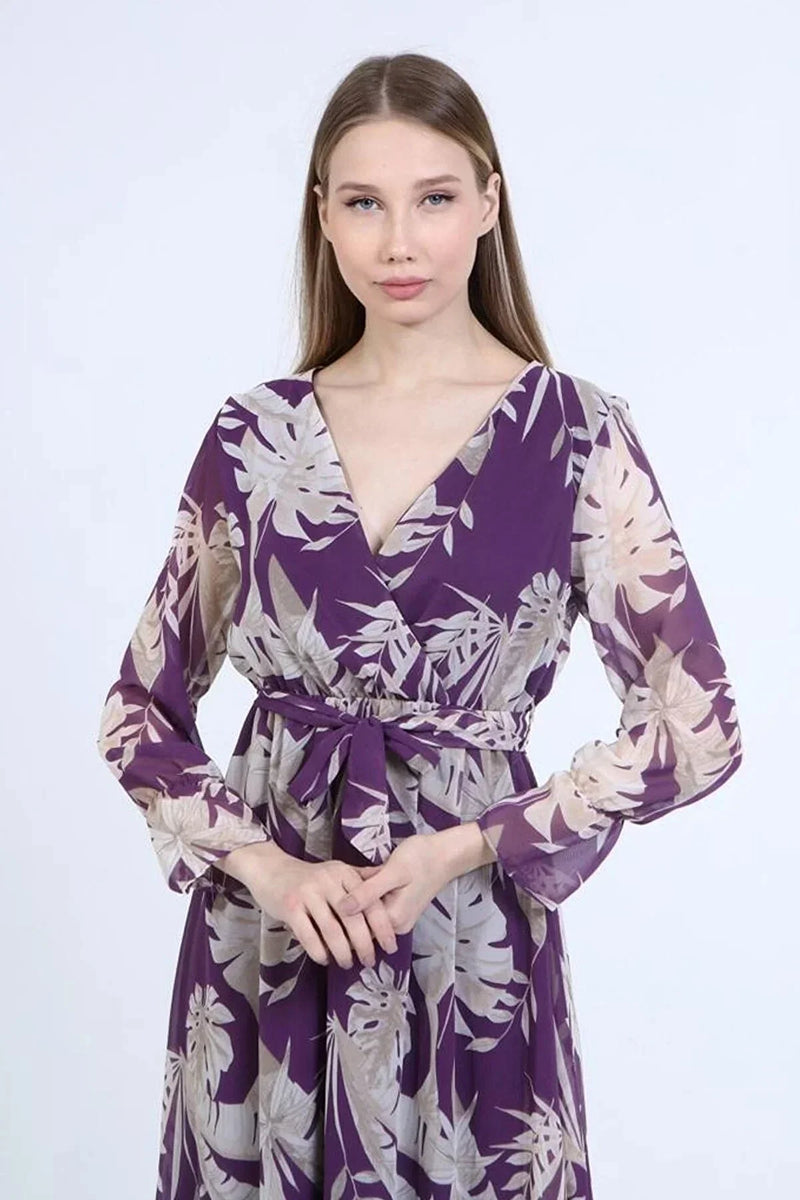 Women's Purple Yaprak Wrap Neck Chiffon Dress