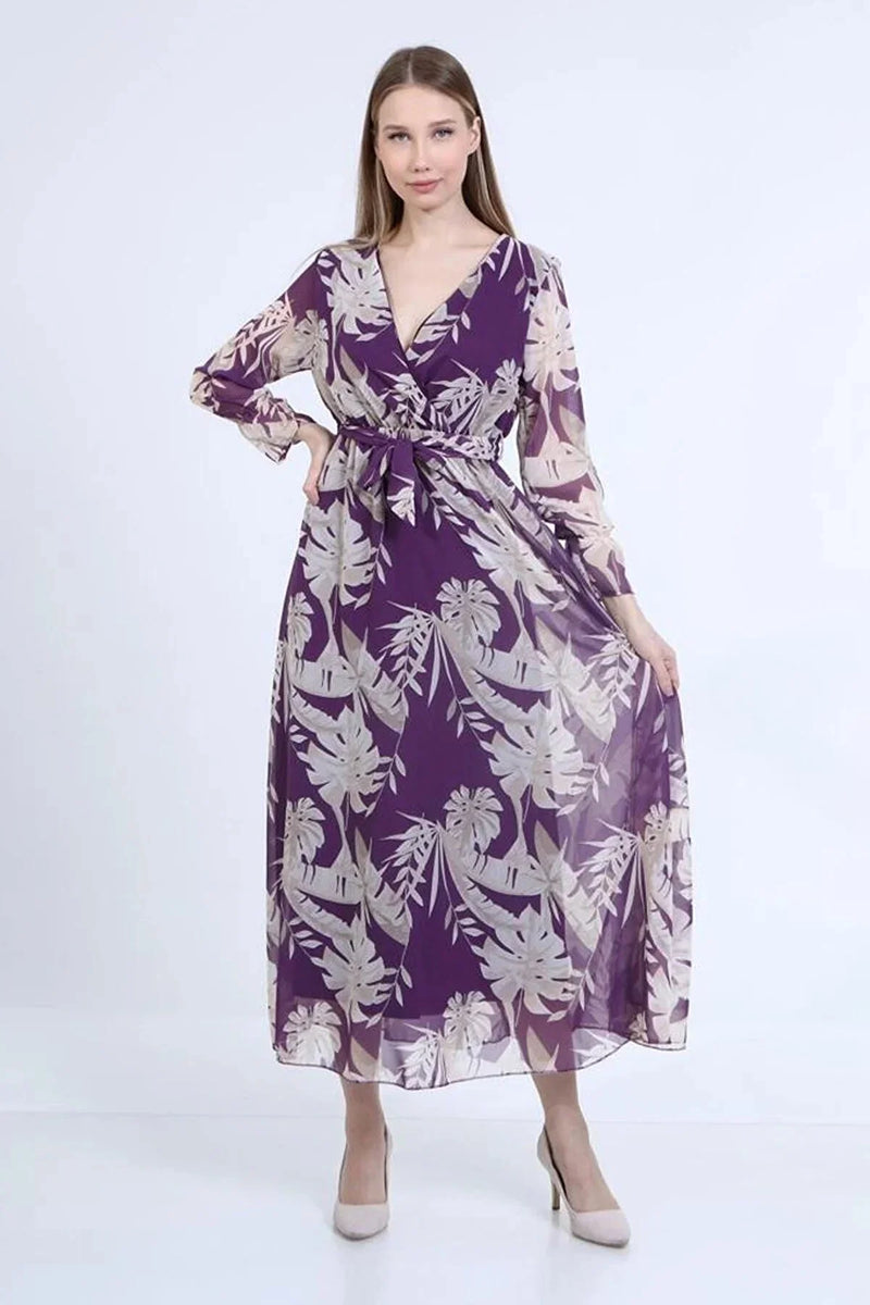 Women's Purple Yaprak Wrap Neck Chiffon Dress