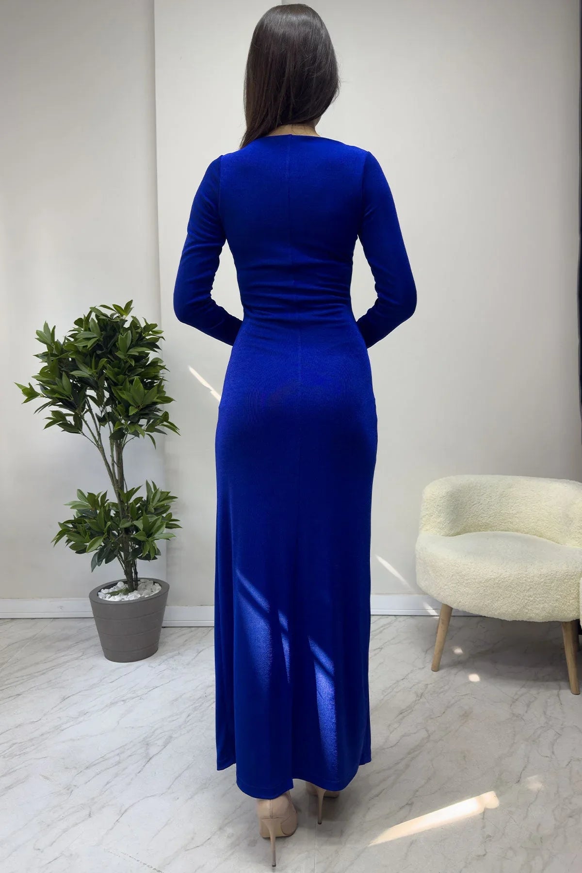 Women's Saxe Wrap Neck Ön Büzgü Detail Long Sleeve Dress - the ZKS