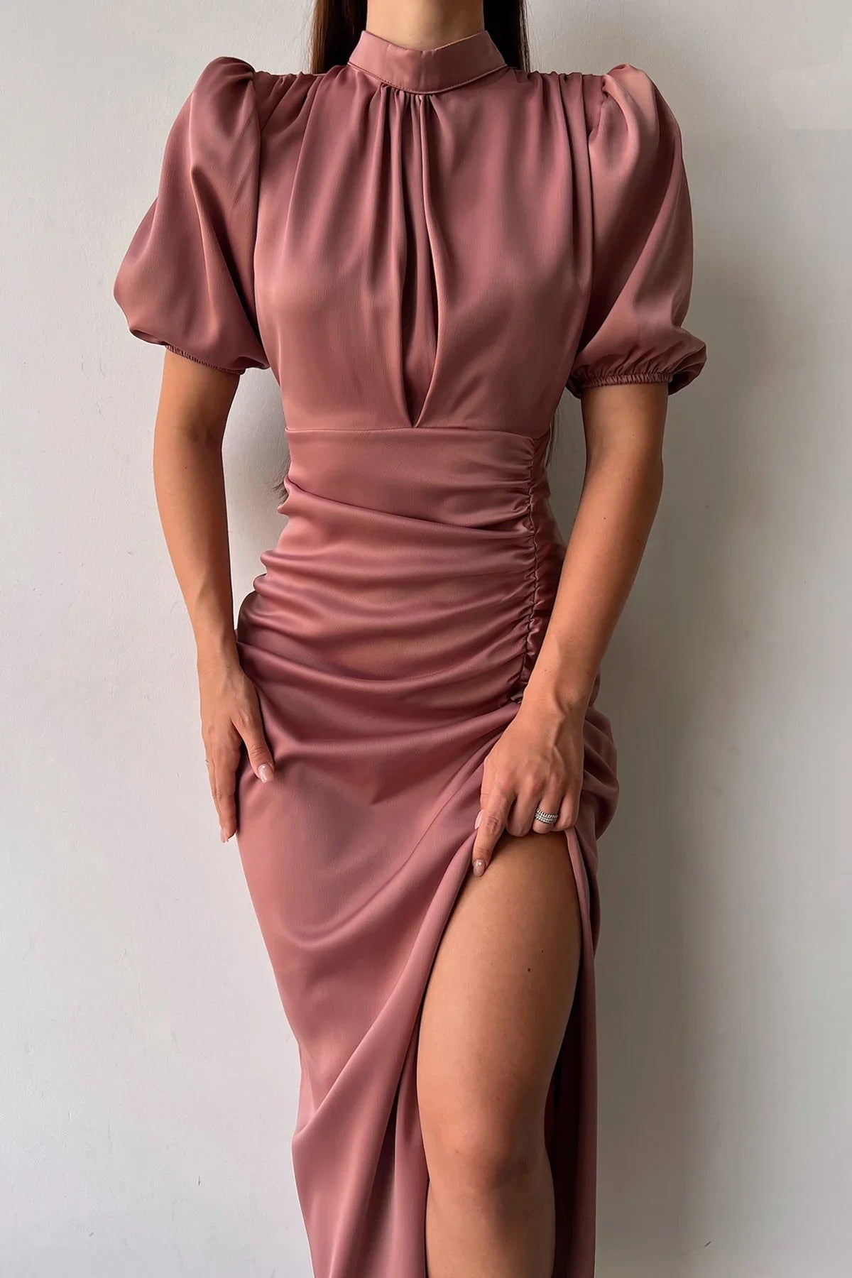 Women's Satin Balloon Sleeve Draped Yırtmaç Detail Evening Gown-Dusty Rose