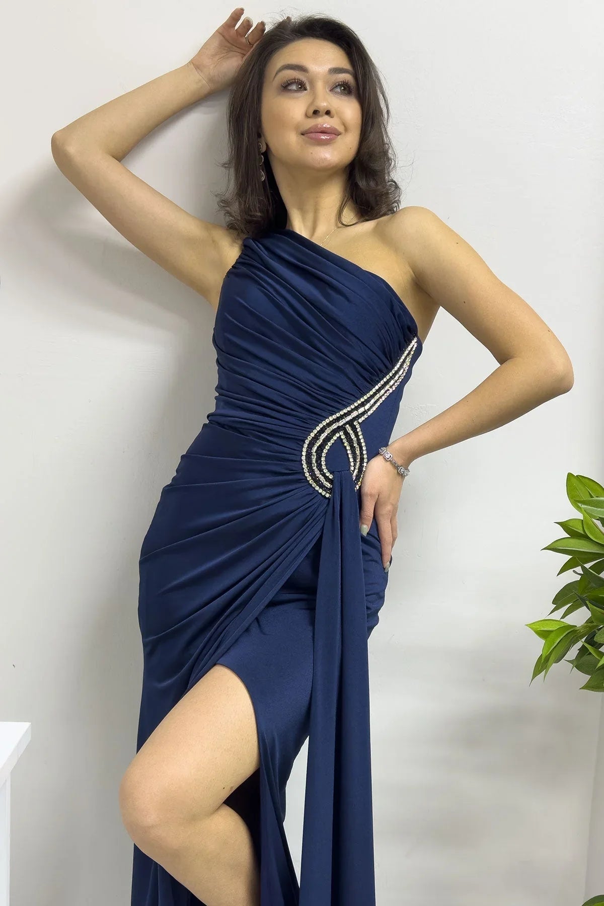 Women's Satin Navy Blue Tek Omuz Taş Detail Draped Slit Evening Gown - the ZKS